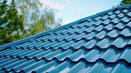 New blue metal roof tiles close-up, residential house. Detailed view of interlocking metal roof panels.