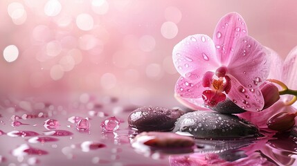 Delicate pink orchid and spa stones for relaxation and wellness.