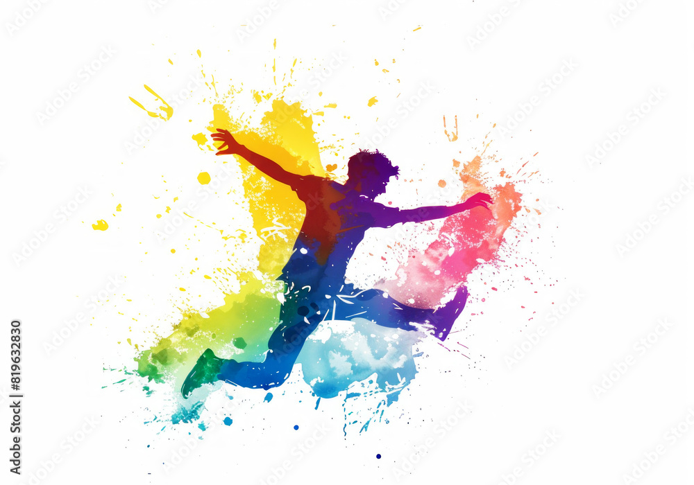 Poster colorful silhouette of a dancer with splashes of paint on a white background, representing a concept