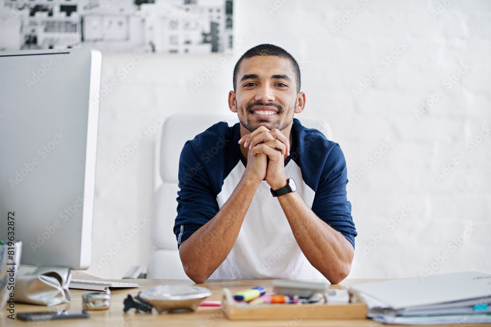 Poster black man, portrait and thinking in office for strategy, work and startup company with computer. cre