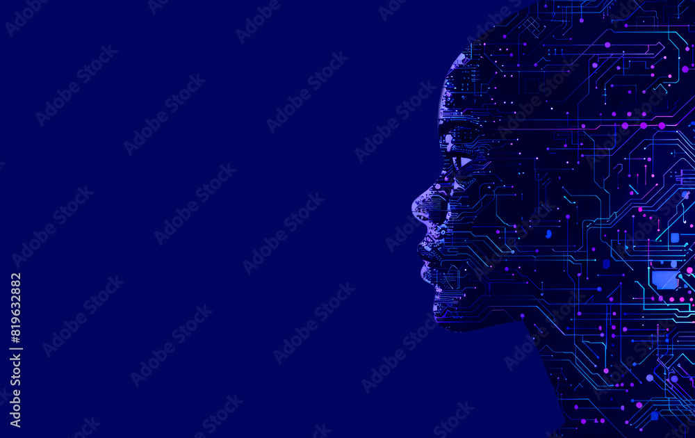 Aufkleber Profile of a human head with digital circuit patterns on a dark blue background, concept of technology and AI. Generative AI