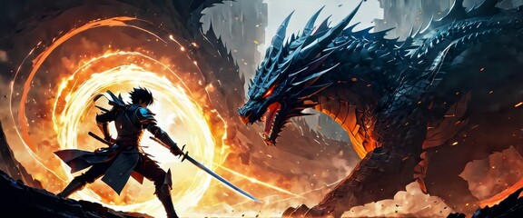 Dramatic illustration of a fantasy battle scene featuring a fearsome dragon confronting a warrior amidst a fiery backdrop and swirling energies.