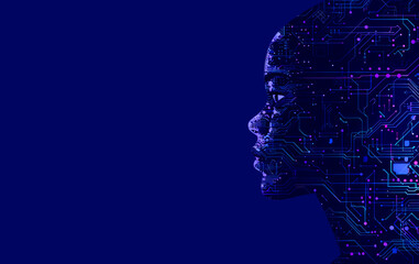 Profile of a human head with digital circuit patterns on a dark blue background, concept of technology and AI. Generative AI
