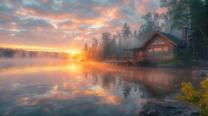Fototapeta premium Scenic lakeside log cabin at sunrise with misty reflections in the water and forest backdrop