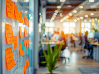 Sticky notes on glass in a blurry office environment, capturing a concept of brainstorming and teamwork. Generative AI