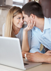 Couple, laptop and love in morning at home for online streaming, connection and respect with...
