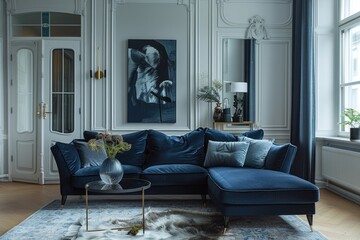 A blue sectional sofa is the centerpiece of a living room with a black coffee table and a white rug. The room is decorated with a painting on the wall and a vase with flowers on the coffee table