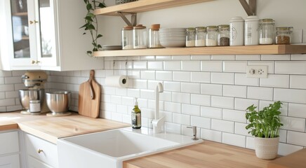 A kitchen with a white tile backsplash and a wooden countertop generated by AI