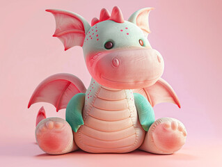 A small and squishy dragon plush toy is sitting on a blurred background. The dragon has a cute and playful expression on its face.