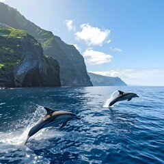 Fototapeta premium Scenic view of dolphins jumping in ocean near rocky cliffs and calm sea. Nature landscape captured in the wild. Perfect for travel and nature enthusiasts. AI