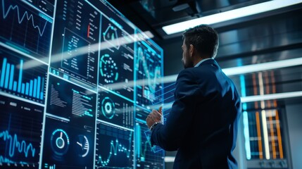 Fototapeta premium Futuristic Business Professional Analyzing Data on Digital Screen in High-Tech Office