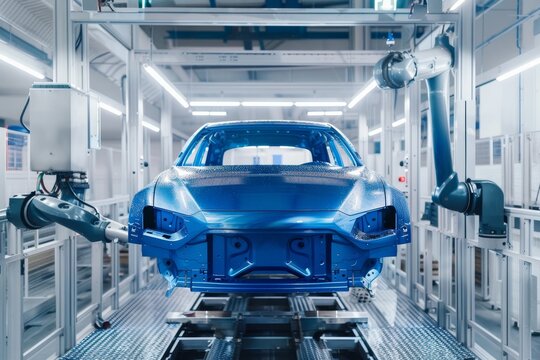 Industrial robot painting blue passenger car body in specialized factory paint chamber