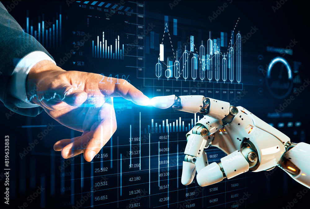 Aufkleber human hand and robotic arm interacting on a digital financial data background, symbolizing human-rob