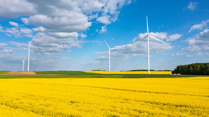 Wind turbines for electric power production. View from drone