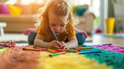 Creative Joy: Playful Child Drawing with Crayons in Bright Indoor Setting