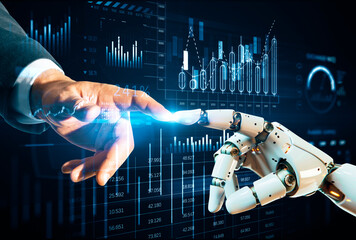 Human hand and robotic arm interacting on a digital financial data background, symbolizing human-robot collaboration. Generative AI