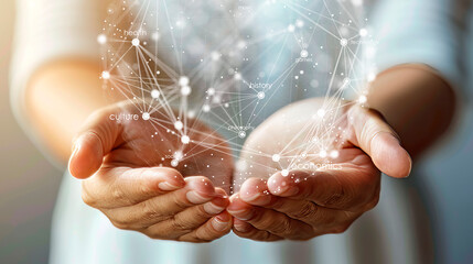 Two hands cupping a network of connected points and words, with a blurred background, symbolizing the concept of interconnected knowledge. Generative AI