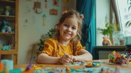 Fototapeta premium Happy Child Engaged in Creative Craft Activity at Bright Table Setting with Natural Light - Horizontal Shot