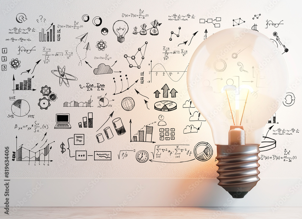 Poster a light bulb illuminating business and science doodles on a white background, symbolizing creativity