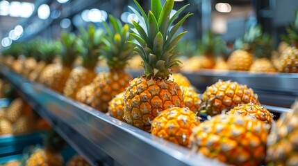 A crate of pineapples is displayed in a store