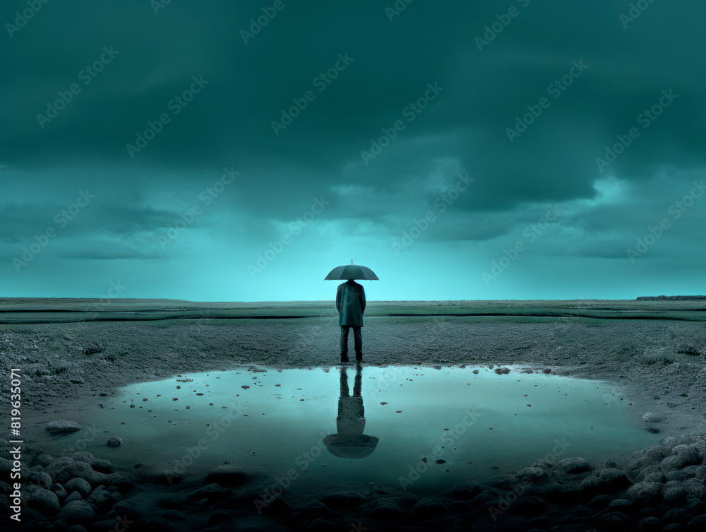 Poster person with an umbrella standing before a puddle under a stormy sky, conveying a concept of solitude