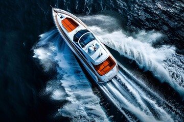 Big white high performance motor boat with orange seats moving in the sea at speed in dark water...