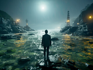 Obraz premium A man standing on a rocky shoreline at night with a lighthouse and rain, atmospheric mood on a stormy background, concept of solitude. Generative AI