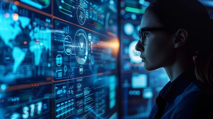 A woman is looking at a computer screen with many different colored graphs