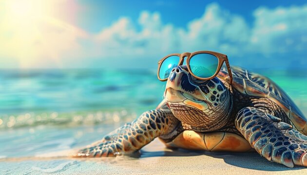 A humorous scene of a funny turtle chilling on a beach, symbolizing relaxation and summer vacation vibes