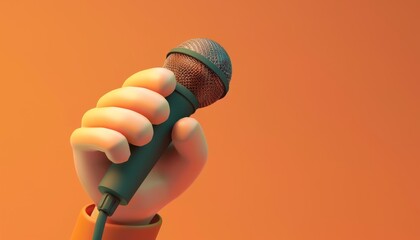 A 3D illustration of a cartoon character hand holding a microphone, adding a playful and flexible touch to presentations or digital content