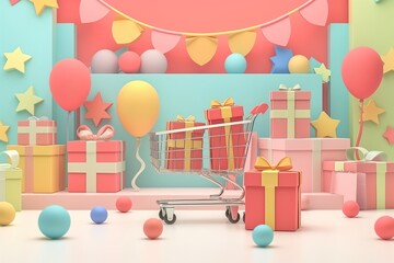 sale discount background, with trolley, gift boxes, shopping box in 3d by generative ai