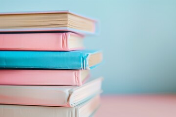 Fototapeta premium A stack of books with pink, blue, and white covers