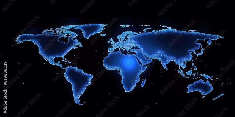 Poster glowing digital world map on a dark background with sparkling light points. global communication and