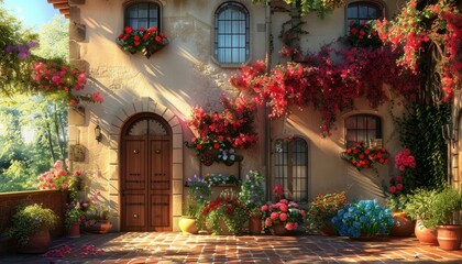 An image of a house adorned with flowers, creating a charming and picturesque home environment