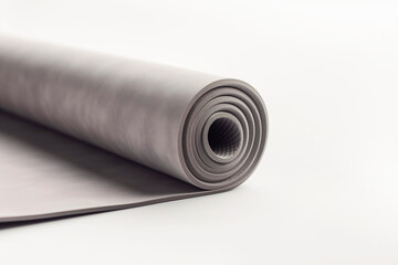 A yoga mat is neatly rolled up on a clean white tabletop. Generative AI