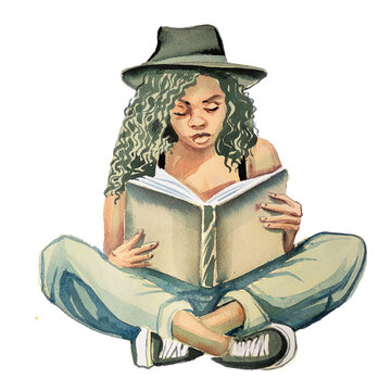 Young girl reads a book. Watercolor hand painted woman reading a story. Book lover concept. Book reader design. Bookworm illustration.