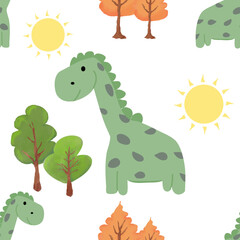 Cute Dino seamless pattern on white background.