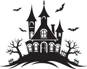 Creepy Halloween haunted castle black silhouette. Halloween vector illustration.