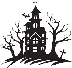 Creepy Halloween haunted castle black silhouette. Halloween vector illustration.