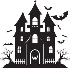 Creepy Halloween haunted castle black silhouette. Halloween vector illustration.