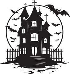 Creepy Halloween haunted castle black silhouette. Halloween vector illustration.