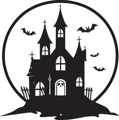 Creepy Halloween haunted castle black silhouette. Halloween vector illustration.