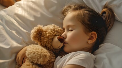Peaceful child sleeping with a teddy bear in a warm, soft bed. Innocent nap time, cozy childhood moment. Comfort and serenity in a bedroom setting. AI