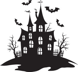 Creepy Halloween haunted castle black silhouette. Halloween vector illustration.