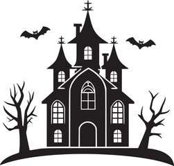Creepy Halloween haunted castle black silhouette. Halloween vector illustration.