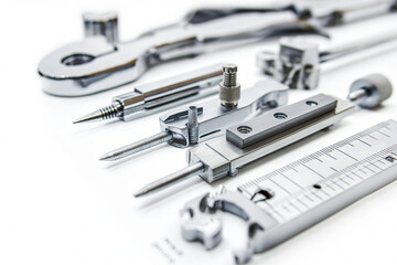 Fototapeta premium Ruler, compass on white surface near Engineering, Font, Metal keywords. Generative AI