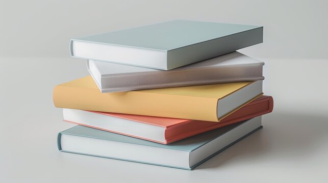 Modern stack of 3D flat books in cartoon style on white surface. Playful design mockup.