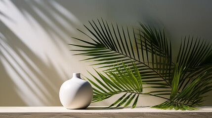 Green palm leaves in the vase on the light background