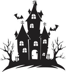 Creepy Halloween haunted castle black silhouette. Halloween vector illustration.