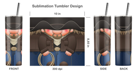 Funny cowboy cartoon character. Seamless sublimation template for 20 oz skinny tumbler. Sublimation illustration. Seamless from edge to edge. Full tumbler wrap.